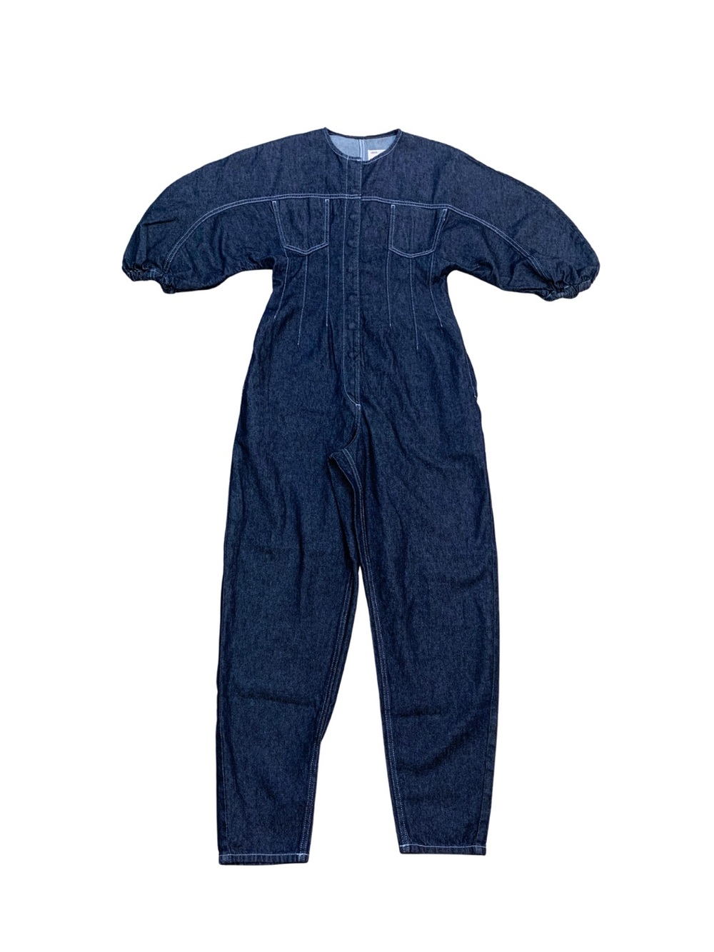 ASOS Dark Wash Blue Denim Jumpsuit Balloon Sleeve Barrel Leg Preppy Feminine Y2K